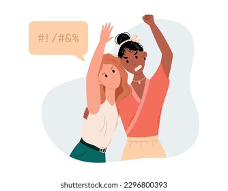 Two flat young angry protesting women. Cartoon couple hugging girls at social rally. Defending the rights of women or LGBT people.
