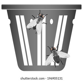 Two flies on a dirty garbage can