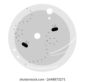 Two Flies in a Round Emblem with Flight Trace Flat Style. Animals and insects concept vector art