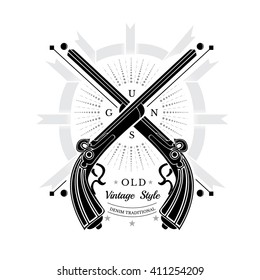 Two flint guns crossed with abstract rays
