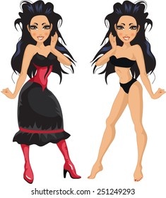 two flirtatious brunette in a black and red dress and boots and swimsuit