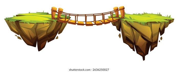 Zwei schwimmende, grasbewachsene Inseln, die durch eine Holzbrücke in einer Fantasiewelt verbunden sind. Vektorgrafik