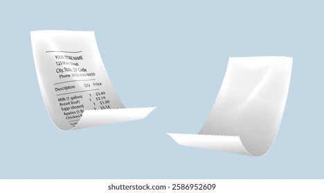 Two floating receipts, one with printed text and the other blank, on a light blue background. Concept of shopping, payment, finance, and expenses. Vector illustration