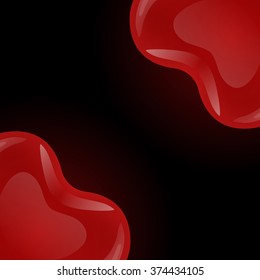 Two floating red gel balloons in the shape of hearts of looks from the corners on black background.