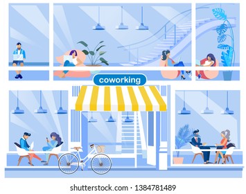 Two Floor Coworking Office Advertising Flat Banner Modern Company Landing Page Working Center Indoor Wide Window Businesspeople Freelancer Shared Business Workplace Study Rest Work Vector Illustration