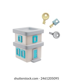 Two floors building with keys 3D style vector illustration. Cartoon volumetric home or office apartment isolated on white. Real estate, sale house, rent, property insurance, loan and mortgage