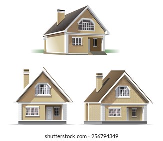 Two floors cottage with beige facade from different angles