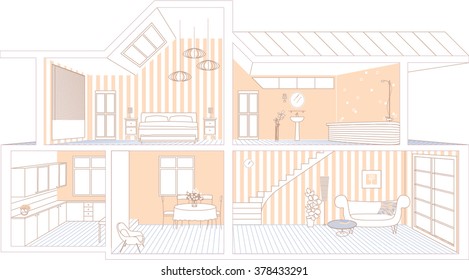 Two Floors House Interior In Cut. Cottage Line Illustration. Bedroom, Kitchen, Bathroom Dining Room. Vector Stock Illustration