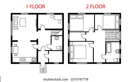 Two floors plan architectural vector illustration with furniture. Black and white project house, cottage floor plan, blueprint. 