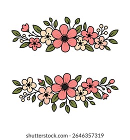Dois arranjos florais com flores cor-de-rosa e creme, folhas verdes e contornos pretos são exibidos em um fundo branco.
