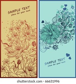 Dos tarjetas florales con flores y plantas dibujadas a mano