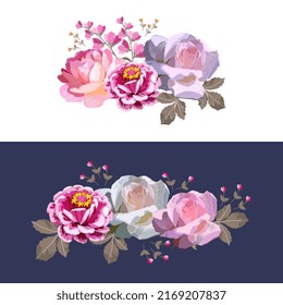 Dos motivos florales bordados sobre un fondo blanco y azul oscuro para ropa, bolsas, tarjetas, servilletas, almohadas. Diseñar elementos en vector.