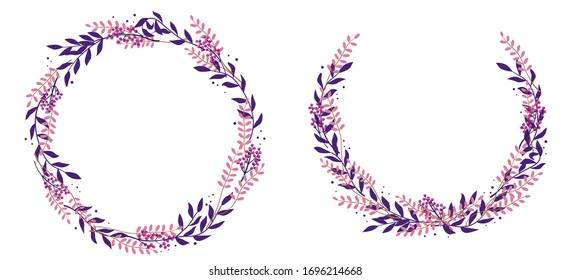 Two floral frames. Round frames made of twigs. Border of flowers and leaves.