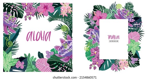 Dos marcos florales. Hojas tropicales y flores tropicales rosas, ilustración vectorial dibujada a mano