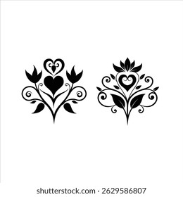 Two floral heart designs in black silhouette on a white background