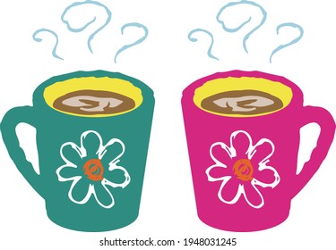 Two floral mugs, green and pink