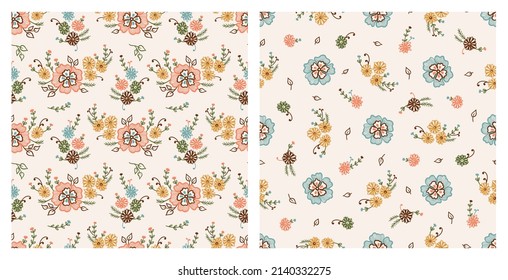 Two Floral Patterns. Bouquet of Daisies Seamless Pattern. Vintage Outline Flowers. Ditsy print. Vector illustration.