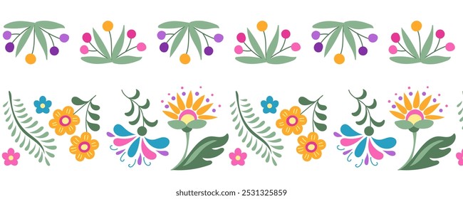 Duas bordas florais sem emenda no estilo folk mexicano. Ilustrações em plano botânico no estilo tradicional latino-americano isolado sobre fundo branco para o dia do feriado morto de Cinco de Mayo