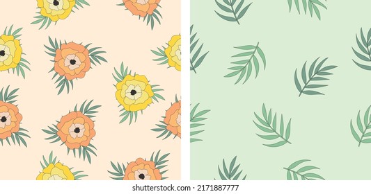 Dos patrones florales sin costura. Colores pasteles. Ilustración vectorial. Rama verde de hojas. Anémonas amarillas y naranjas. Impresión simple.