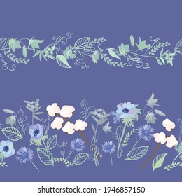 zwei nahtlose Blumenvektor-Ränder. Design für Poster, Textilien, Stoffe, Hintergründe. Baumwollblumen, Anemonen, Maisblumen.