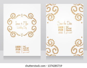Two floral wedding cards in classical design, golden ornament on white background, vector illustration
