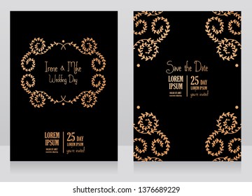 Two floral wedding cards in classical design, golden ornament on black background, vector illustration