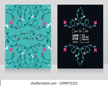 Two floral wedding cards, romantical country design, black and mint colors, vector illustration