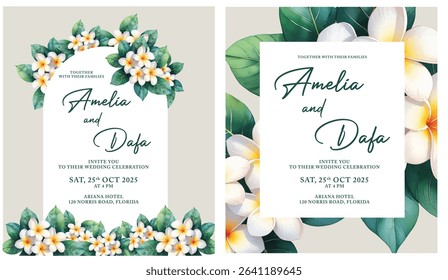 Two floral wedding invitations are shown. One design features white frangipani borders top and bottom. The other has larger, scattered flowers along the edges. Both designs convey an elegant tropical 