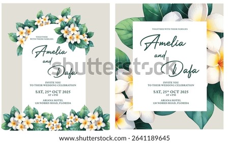 Two floral wedding invitations are shown. One design features white frangipani borders top and bottom. The other has larger, scattered flowers along the edges. Both designs convey an elegant tropical 