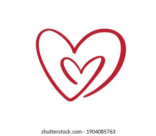 Two flourish hand drawn hearts. Vector cut linked holiday Valentine card handmade love calligraphy. Decor for greeting, logo, photo overlays, cutout, flyer, poster design.