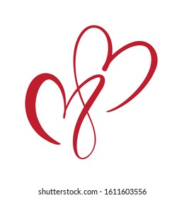 Two flourish red lovers heart. Valentine card handmade vector calligraphy. Decor for greeting card, photo overlays, t-shirt print, flyer, poster design.