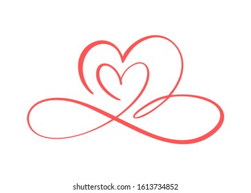 Two flourish red lovers heart logo. Valentine card handmade vector calligraphy infinity. Decor for greeting card, photo overlays, t-shirt print, flyer, poster design.