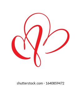 Two flourish red lovers heart. Valentine card handmade vector calligraphy. Decor for greeting card, photo overlays, t-shirt print, flyer, poster design.