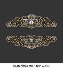 Two flourishes beer label design templates with hops in linear style. Vector illustration.