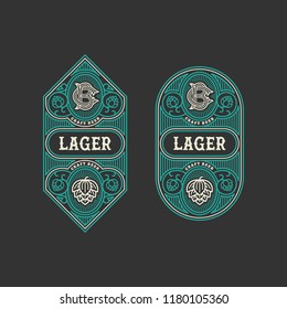 Two flourishes beer label design templates with hops in linear style. Vector illustration.