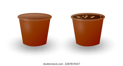 Two flower pots isolated on a white background. Flowerpot for growing indoor plants. The pot is empty and filled with earth closeup. Vector illustration.