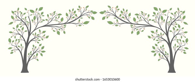 Two flowering trees with leaves and berries in the form of an arch on a light background