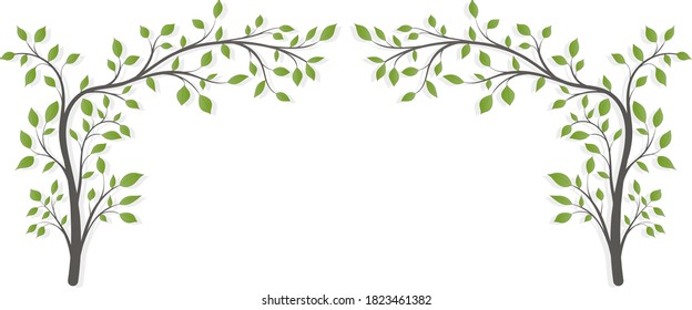 Two flowering trees with leaves in the form of an arch on a light background	