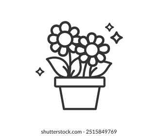 Two flowers daisies in a pot icon. Summer or spring season, magic, sparkles, freshness, nature symbol. Vector illustration isolated.