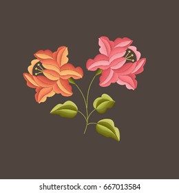 Two flowers embroidery on dark background.