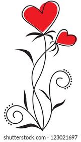 Two flowers in the form of hearts on stems with leaves and tendrils