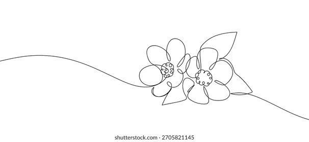 Dos flores y hojas en una línea continua. una línea de Ilustración vectorial.
