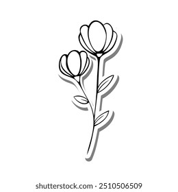 Two Flowers with Leaves Outline on white silhouette and gray shadow. Hand drawn cartoon style. Vector illustration for decorate, coloring and any design.