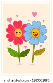 Two Flowers in love - Pink flower, blue flower - flower with face, smiling, hearts, background Can be used for cards, postcard - for Valentine's day - Vector page.