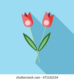 Two flowers on grave icon in flat style with long shadow. Death symbol