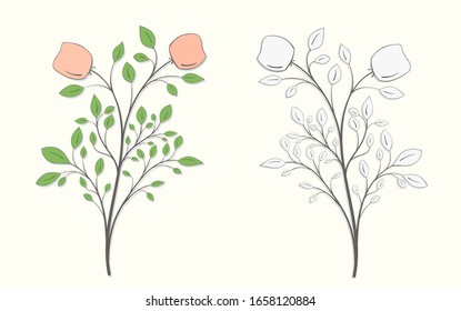 Two flowers on a stem with green leaves in two versions on a light background