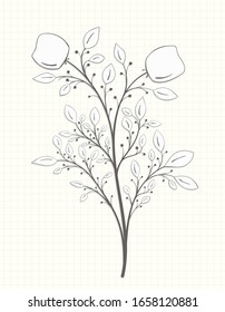 Dos flores en un tallo con hojas y bayas en un estilo vintage en una página portátil sobre un fondo claro