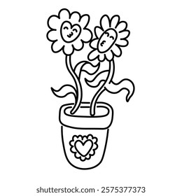 two flowers in one pot in doodle style in vector. Element for poster sticker design logo decoration