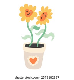 two flowers in one pot in doodle style in vector. Element for poster sticker design logo decoration