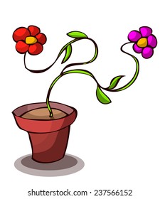 Two Flowers in a Pot, Vector Illustration isolated on White Background. 